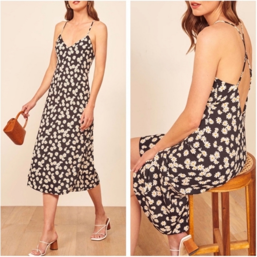 Reformation Kat Midi Open Criss Cross Back Slip Dress in Daisy Chain size 6